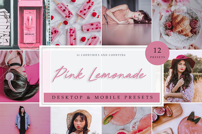 12 پریست لایت روم تم زرد و صورتی Pink Lemonade lightroom presets