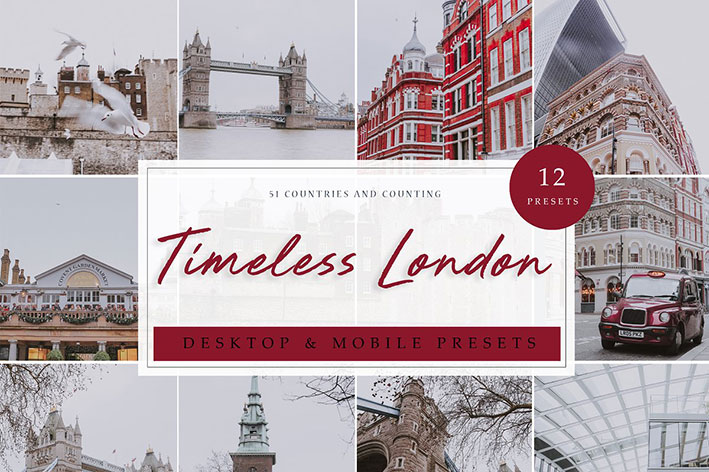 12 پریست لایت روم حرفه ای تم رنگی لندن Timeless London Lightroom Presets
