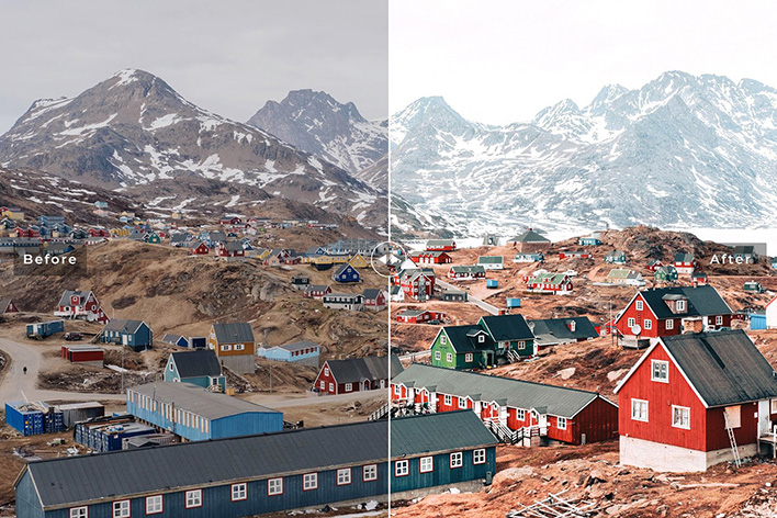 40 پریست لایت روم و کمرا راو و اکشن فتوشاپ تم گرینلند دانمارک Greenland Lightroom Presets