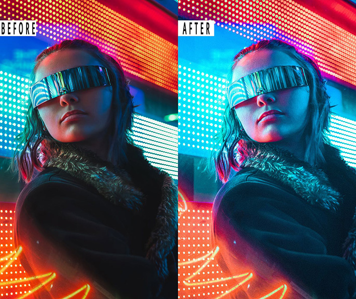 9 پریست لایت روم پرتره سینمایی و اکشن فتوشاپ CyberPunk Portrait Photoshop Action Lightrom