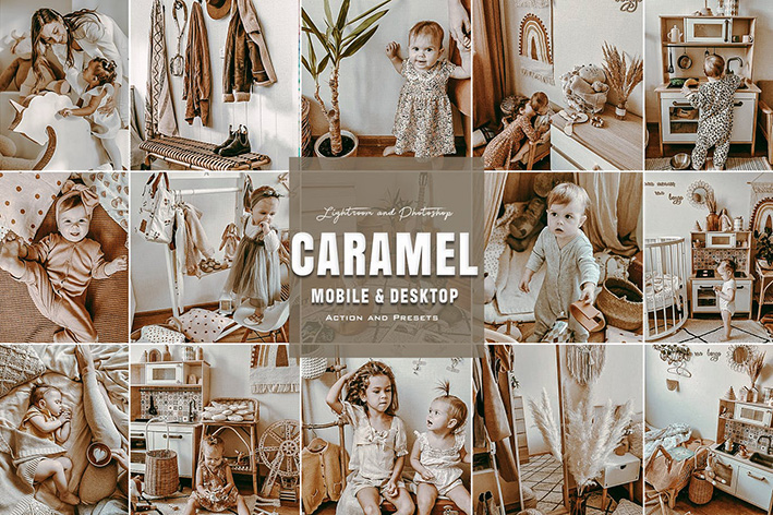 9 پریست لایت روم کودک و اکشن فتوشاپ تم کارامل Caramel Photoshop Actions Lightroom Presets