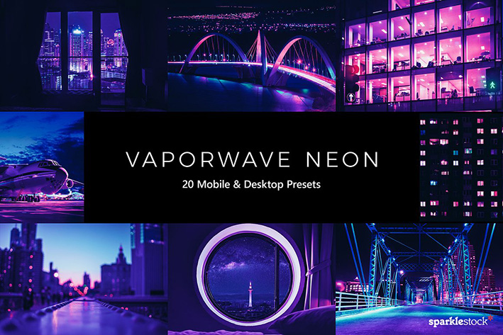 120 پریست لایت روم و لات رنگی و پریست کمرا راو فتوشاپ بخار نئون Vaporwave Neon LR Presets